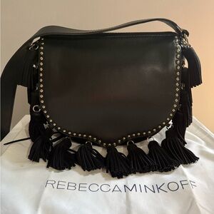 Rebecca Minkoff Black Leather Tassel Crossbody Saddle Bag